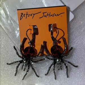 Betsey Johnson Black and Red Glitter Spider Dangle Earrings
